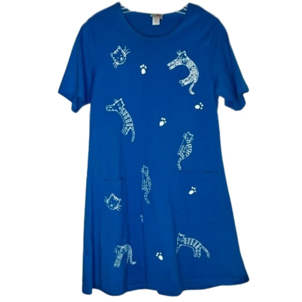 Cactus Cat Kitty Short Sleeved A-Line Cotton Dress - Blue & White - S